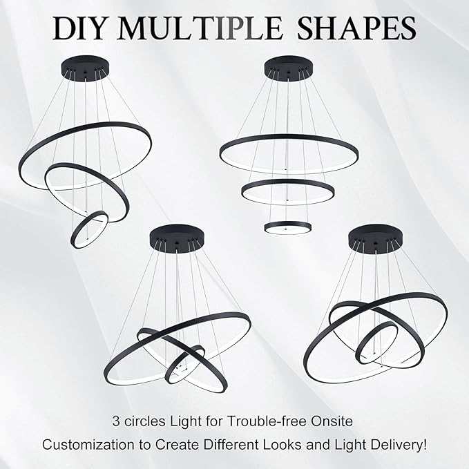 3 Ring Modern LED Chandelier Black Dimmable Round Chandeliers, LED Circular Pendant Light Fixture with Remote Control for Living Room, Dining Room, Office, Entry, Bedroom
