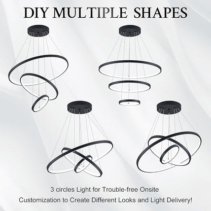 3 Ring Modern LED Chandelier Black Dimmable Round Chandeliers, LED Circular Pendant Light Fixture with Remote Control for Living Room, Dining Room, Office, Entry, Bedroom