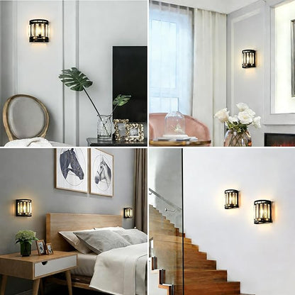 Modern Wall Sconce Set of 2, Crystal Wall Sconces Lighting, Black Wall Light for Bedroom Hallway Living Room