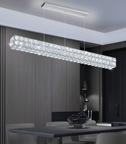 47'' Modern Crystal Chandelier for Dining Room Ceiling Light Fixture for Living Room Hallway Lighting LED Dimmable with Remote Silver