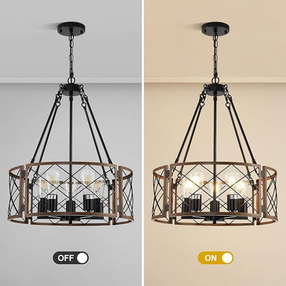 21'' Farmhouse Chandelier, 5-Light Black & Wood Grain Dining Room Light Fixture Over Table, Rustic Industrial Drum Hanging Pendant Lights Fixture for Kitchen Island Bedroom Hallway Foyer Entryway