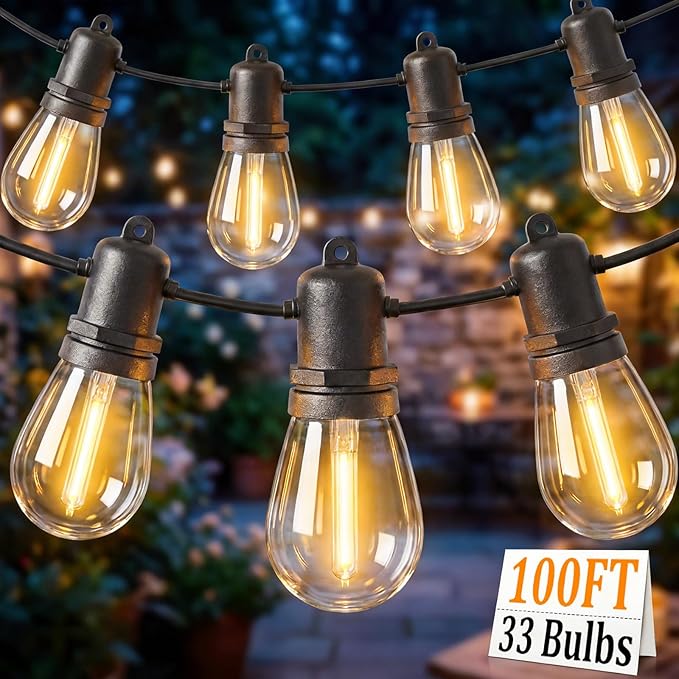 S14 Patio String Lights, 100FT Outdoor Patio String Light with 35 Clear LED Bulbs (2 Spare), UL Certified Waterproof Hanging Lights for Outdoor & Indoor - Commercial Grade Black Wire
