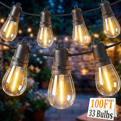 S14 Patio String Lights, 100FT Outdoor Patio String Light with 35 Clear LED Bulbs (2 Spare), UL Certified Waterproof Hanging Lights for Outdoor & Indoor - Commercial Grade Black Wire