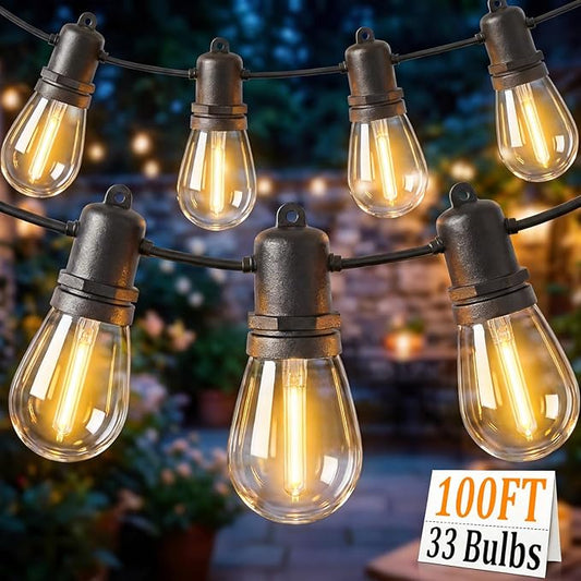 S14 Patio String Lights, 100FT Outdoor Patio String Light with 35 Clear LED Bulbs (2 Spare), UL Certified Waterproof Hanging Lights for Outdoor & Indoor - Commercial Grade Black Wire