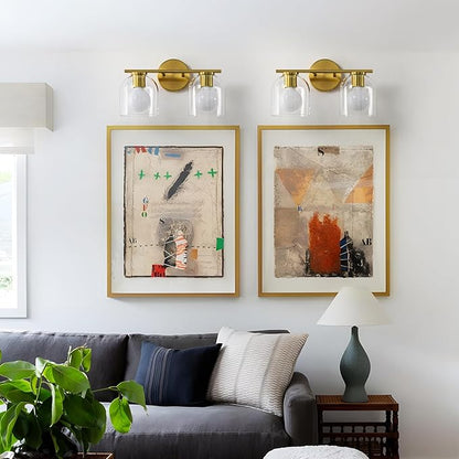 WOSHITU Bathroom Vanity Light Fixtures: 14.2 Inch Modern Gold Bathroom Light Fixtures Over Mirror with Clear Glass Shade, Brushed Gold 2 Light Wall Mount Sconces Above Mirror