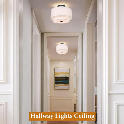 FRIDEKO HOME Ceiling Light Fixture-17.7 inch Light Fixtures Ceiling Mount with 2-Layer Fabric Shade Drum Lights for Living Room Kitchen Foyer Hallway