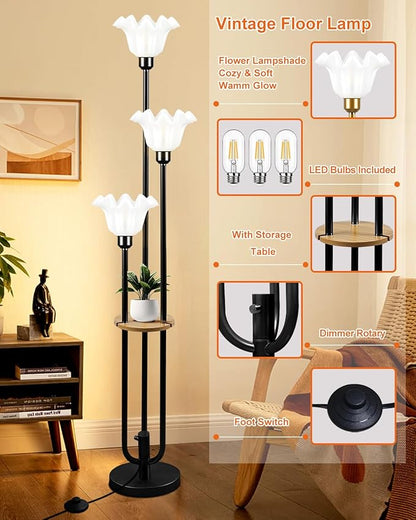 Flower Floor Lamp for Living Room, Dimmable Vintage Floor Lamp with Shelf & LED Bulbs, 3 Light 3000K Warmwhite Mid Century Black Floral Tall Standing Lamp with 5Lbs Heavy Base for Bedroom