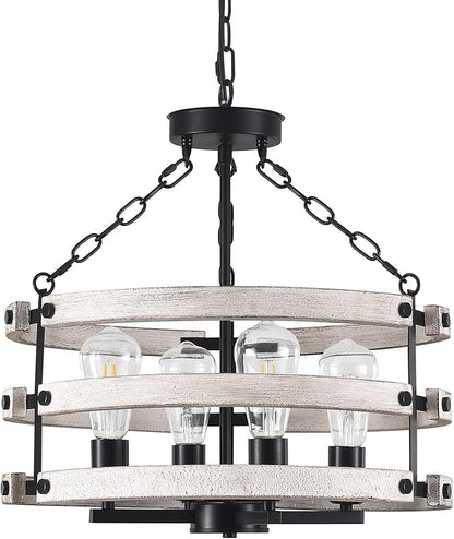 Luupyia Rustic Farmhouse Chandelier, 18.89 Inches White Drum Farmhouse Foyer Chandeliers Island Light, Rustic Vintage Pendant Light Fixture for Dining Room Entryway 4Lights E26