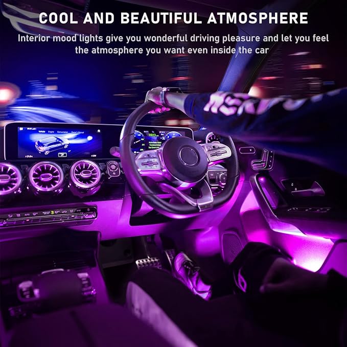 Ohleats Car LED Strip Light, 48 LED RGB Auto Interior Atmosphere Lights, Cigarette Lighter Under Dash Ambient Night Light, Interior Lamp Lighting Kit (Pink Purple, Cigarette Lighter)
