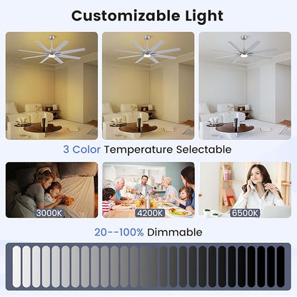 Newday 72 inch Large Ceiling Fans with Lights and Remote, Indoor/Outdoor Brushed Nickel Ceiling Fan for Living Room Patio, 6 Speeds Slient Reversible DC Motor, 3CCT, Timer, 3 Downrods, 8 Blades