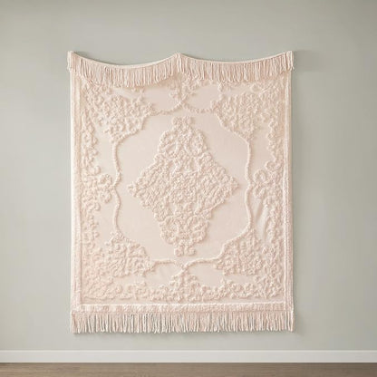 Madison Park 100% Cotton Tufted Chenille Design With Fringe Tassel Luxury Elegant Chic Lightweight, Breathable Cover, Luxe Cottage Room Décor Summer Blanket, 50" x 60", Blush