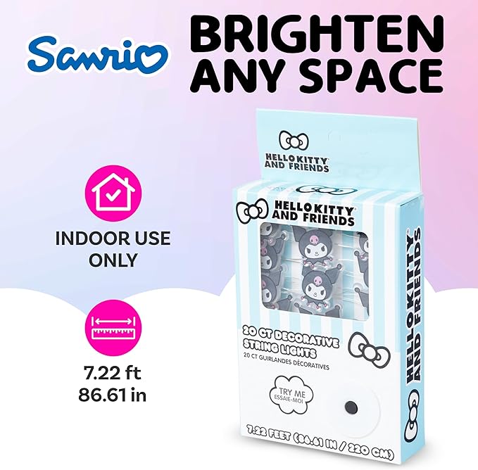 Silver Buffalo Sanrio Hello Kitty and Friends Kuromi 20ct Decorative String Lights, 7 Feet Long, Battery Powered (2 AA Batteries Included), Cool White LED, Indoor Use Only