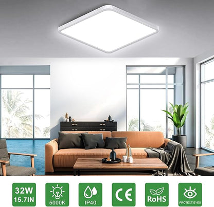 15.7Inch 32W Square LED Ceiling Light Fixtures Flush Mount, 5000K Daylight White LED Ceiling Lamp, Surface Mount Modern Ceiling Lights, White Slim Flat Panel Lighting for Bedroom, Kitchen, Bathroom