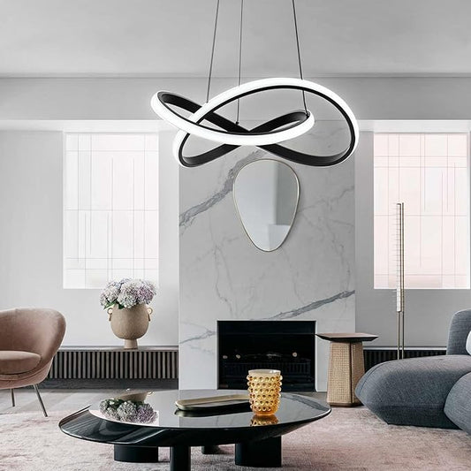 MAYNA Modern LED Pendant Light with Remote Control, 3-Color Dimmable Contemporary LED Chandelier with Irregular Ring Lights, Modern Chandeliers for Dining Room Kitchen, Black 25.6 inch