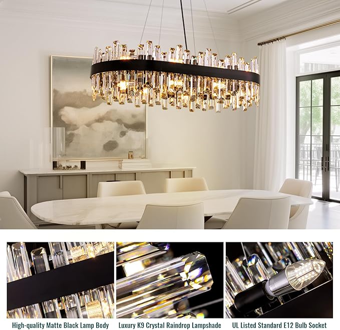 Siljoy Modern Crystal Chandelier, 16-Light Black Rectangular 2-Tiers K9 Crystal Raindrop Chandelier, Farmhouse Crystal Ceiling Light Fixture for Living Dining Room Kitchen Island L35.4 Inch