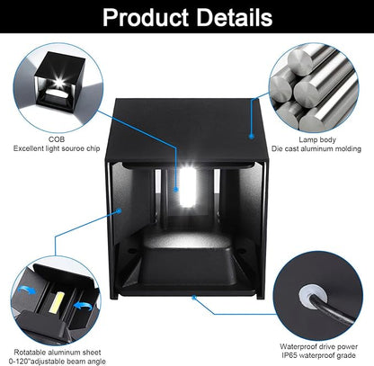 Juyace 20W 6000K LED Sconce Wall Up and Down Exterior Lighting hardwire No photocells Light Fixtures with Angle-Adjustable Square 4.7" IP65 Waterproof for Porch Patio 2 Pack