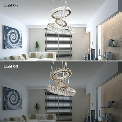 FRIXCHUR Modern LED Chandeliers Crystal Pendant Light 3 Ring Chandelier Hanging Crystal Ceiling Light Fixture Adjustable Pendant Light for Living Room Dining Room Bedroom Foyer Gold (Cool White)