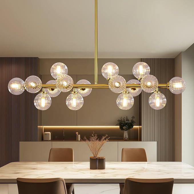 Glass Globe Sputnik Chandelier, 16-Light Mid Century Modern Light Fixture Over Table, Linear Chandeliers for Dining Room, Kitchen Island, Brass Gold and Clear Bubble, 40 Inch, GC-02