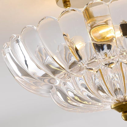 Gold Semi Flush Mount Ceiling Light, 12" Crystal Glass Vintage Light Fixture with E26 Base, 3-Light Modern Close to Ceiling Lamp for Bedroom Hallway Entryway Kitchen