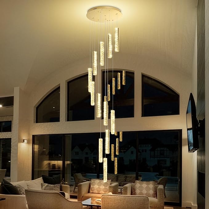 Long Spiral Crystal Chandelier Lighting for Foyer 12-Light Gold Staircase Chandelier High Ceiling Slopped LED Dimmable 2700K-6000K