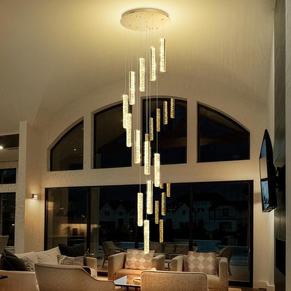 Long Spiral Crystal Chandelier Lighting for Foyer 12-Light Gold Staircase Chandelier High Ceiling Slopped LED Dimmable 2700K-6000K