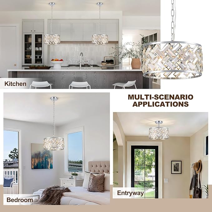 Chrome Crystal Chandelier, 3-Light Morden Dining Room Light Fixture,12.4" Small Round Semi Flush Mount Chandeliers for Kitchen Foryer Entryway Hallway Living Room Bedroom (ETL Listed)