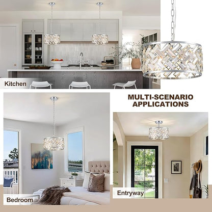 Chrome Crystal Chandelier, 3-Light Morden Dining Room Light Fixture,12.4" Small Round Semi Flush Mount Chandeliers for Kitchen Foryer Entryway Hallway Living Room Bedroom (ETL Listed)