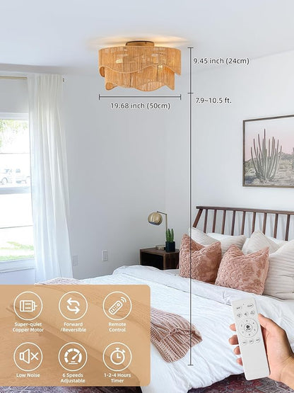 Flush Mount Ceiling Fan with Lights, 20" Low Profile Boho Ceiling Fan with Light Remote Control, Caged Rattan with 6 Speeds for Bedroom, Nursery, Living Room