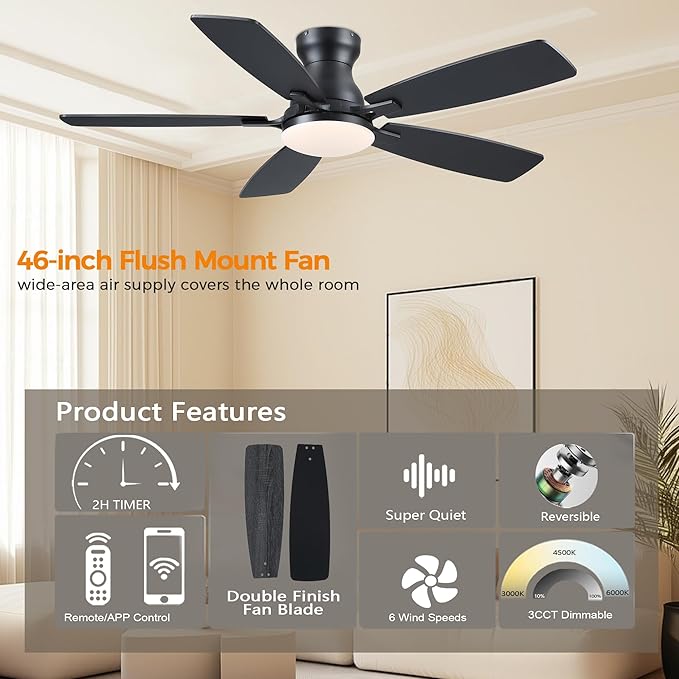 JSAITEE Ceiling Fans with Lights Flush Mount - 46" Low Profile Ceiling Fan with 5 Dual-Sided Blades and 6 Speeds 3CCT Dimmable, Modern Indoor Fan Light Fixtures for Bedroom, Kitchen, Black