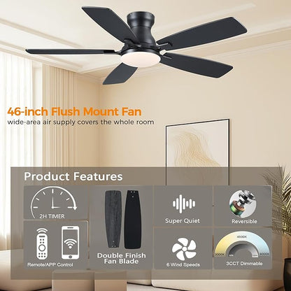 JSAITEE Ceiling Fans with Lights Flush Mount - 46" Low Profile Ceiling Fan with 5 Dual-Sided Blades and 6 Speeds 3CCT Dimmable, Modern Indoor Fan Light Fixtures for Bedroom, Kitchen, Black