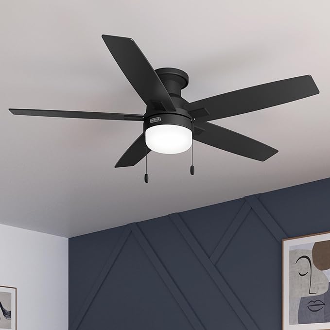 Hunter Ceiling Fan with LED Light - Black Ceiling Fan with Pull Chain, For Bedroom or Living Room, Standard Mount, No Remote, 5 Blades, Includes Bulbs - Anisten (Matte Black, 52 Inch)
