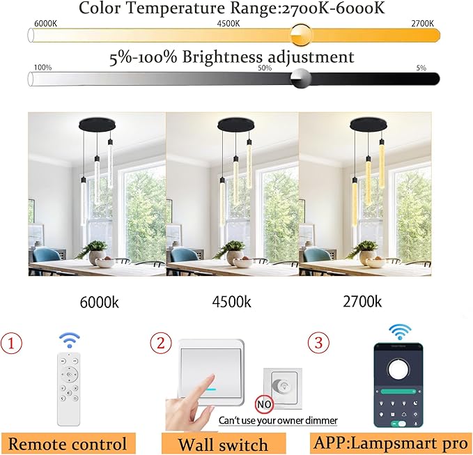 LED Black 3-Light Pendant Light for Kitchen Island Modern Dimmable Led Crystal Column Chandelier for Dining Room Foyer Entryway Hanging Pendant Lighting 2700K-6000K
