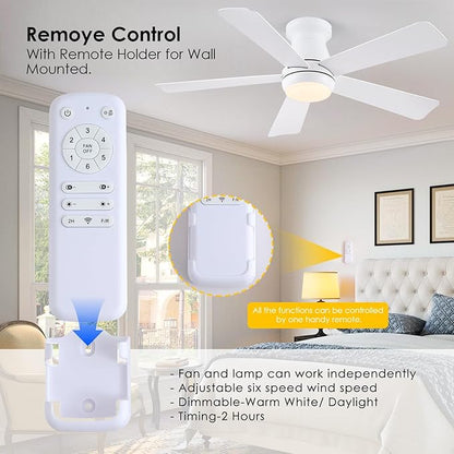 Hounberi 46 Inch Low Profile Ceiling Fan with Light, Modern Flush Mount Ceiling Fans for Low Ceilings, Quiet DC Motor Bedroom Fan, 3CCT Dimmable, Reversible Blades, High Airflow, Energy Saving, White