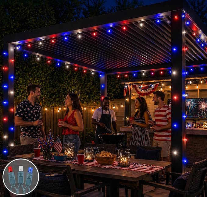Novelty Lights 100 LED 50ft Red White Blue Lights, USA Patriotic 4th of July String Lights, Wide Angle Mini Lights on Green Wire, Commercial Grade, Connectable Indoor Outdoor Christmas Lights