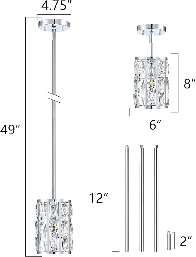 MEXO Modern Crystal Pendant Light Fixture 2-Pack Chrome Finish Hanging Lighting Crystal Chandelier for Kitchen Island