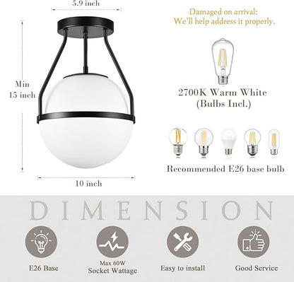 Bagood 10" Mid Century Ceiling Light Modern Semi Flush Mount Ceiling Light Fixture Globe Ceiling Light Fixture with Milk Glass Shade Matte Black Finish for Kitchen Island Hallway Foyer (Bulb Incl.)
