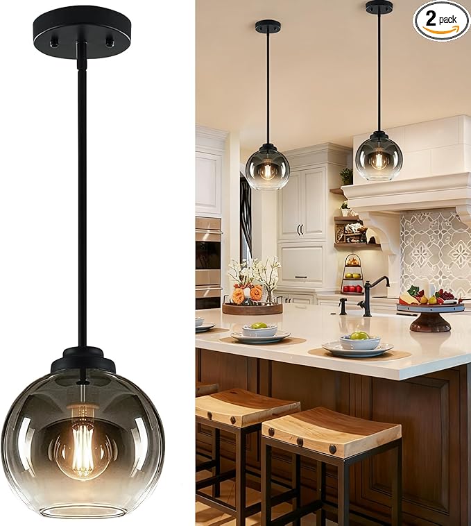 2 Pack 7.2-Inch Globe Pendant Lights, Mid Century Pendant Light Fixtures, Globe Pendant Lights Kitchen Island with Gray Glass Shade Adjustable Hanging Fixture for Dining Room (Bulbs not Included)