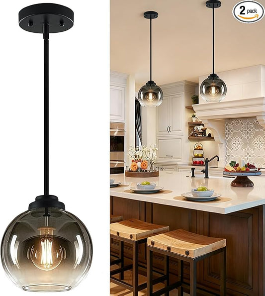 2 Pack 7.2-Inch Globe Pendant Lights, Mid Century Pendant Light Fixtures, Globe Pendant Lights Kitchen Island with Gray Glass Shade Adjustable Hanging Fixture for Dining Room (Bulbs not Included)
