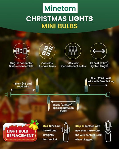 Minetom Clear Christmas String Lights 100 Count 25 Feet Incandescent Bulb Mini Lights for Indoor Xmas Tree Garland Birthday Wedding Party Festival Decoration, Green Wire (Pack of 2)