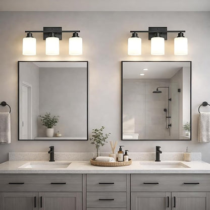 Unicozin 3-Light Bathroom Light Fixtures, Modern Black Vanity Light Over Mirror, Wall Sconces with Milky White Glass Shades for Living Room Bedroom Hallway E26 Base