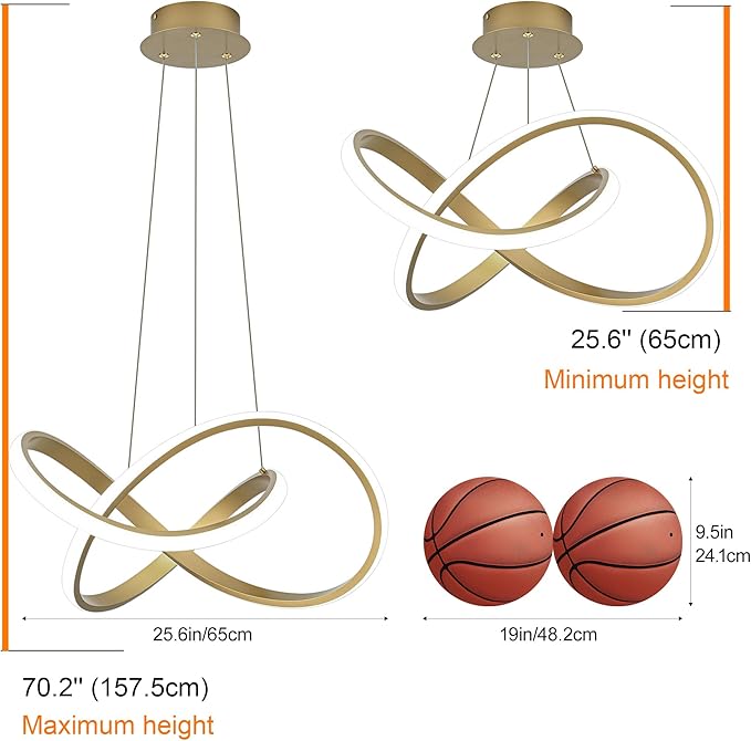MAYNA LED Chandelier with Remote Control, 3-Color Modern Dimmable LED Pendant Light Fixtures, Height Adjustable Kitchen Light Fixtures for Dining Room Kitchen Entryway Living Room, Gold 25.6 inch