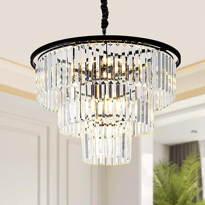 12 Lights 23.64" Black Modern Crystal Chandelier Crystal Pendant Ceiling Light Fixture 3-Tier Hanging Lighting for Dinning Room Bedroom Living Room Foyer