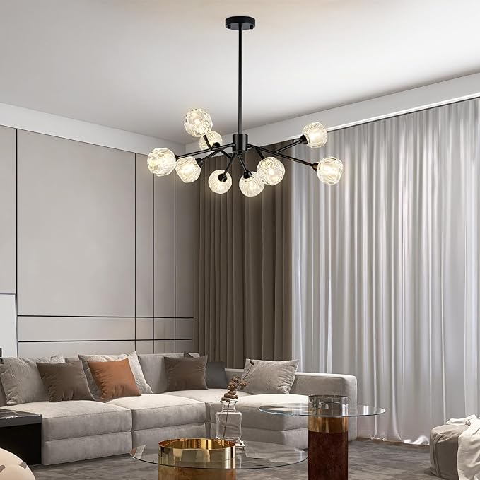 Weesalife Sputnik Chandeliers for Dining Room Light Fixture Over Table, Modern Crystal Chandeliers, 9 Lights Black Lighting Fixtures for Living Room Bedroom Kitchen Island Bar