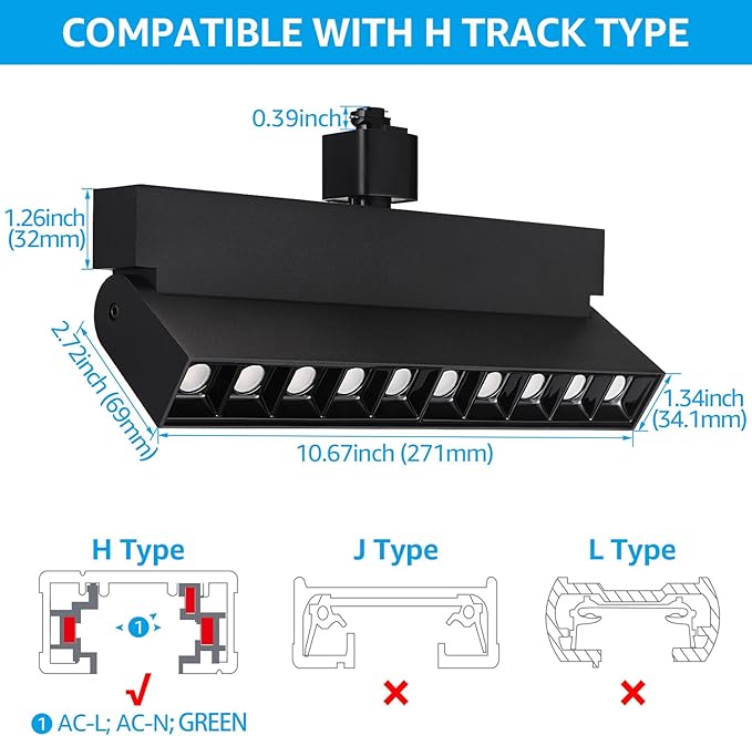 LEONLITE 24W Dimmable LED Track Lighting Heads H Type, CRI90, Adjustable Spotlight Track Light Replacement Fixture, Aluminum, 100-277V, Super Bright, Flicker Free, 3000K Warm White, Black, Pack of 4