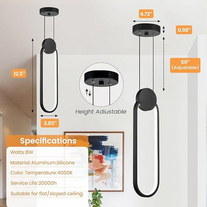 Modern Pendant Lights 2 Pack, Black LED Pendant Light 4000K Bright White Adjustable Height Oval Pendant Light Fixtures for Bedroom Bathroom Kitchen Island