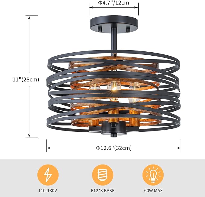 LumFurn D13 inch Farmhouse Ceiling Light, 3-Light Rustic Design Semi-Flushmount Close to Ceiling Light Fixture, for Living Room, Foyer, Bedroom, D12.6 x H11 in, Matte Black & Wood Texture Finish