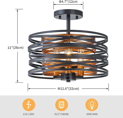 LumFurn D13 inch Farmhouse Ceiling Light, 3-Light Rustic Design Semi-Flushmount Close to Ceiling Light Fixture, for Living Room, Foyer, Bedroom, D12.6 x H11 in, Matte Black & Wood Texture Finish