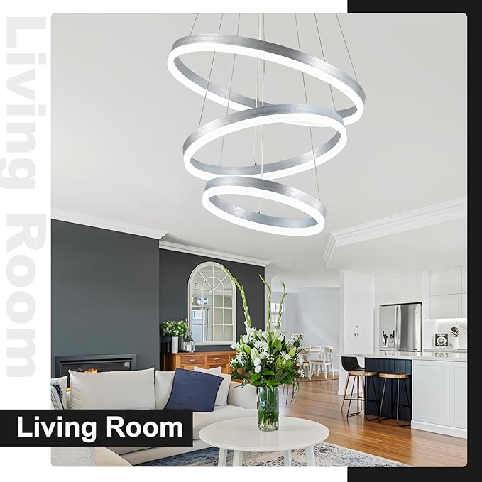 Buccleuch Dimmable 3-Ring LED Chandelier, Height Adjustable Modern Silver Pendant Light, ETL-Certified Flush Mount Acrylic Ceiling Light for Dining Room Living Room Bedroom Foyer, 6000K