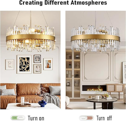24'' Modern Gold Crystal Chandeliers, 12-Lights K9 Crystal Luxury Raindrop Chandelier Light Fixture,3 Colors Contemporary Pendant Ceiling Light for Dining Room Living Room Entryway Foyer