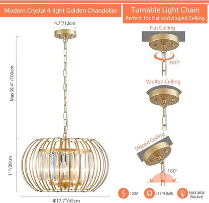 Modern Chandelier for Dining Room 17.7" Gold Crystal Pendant Lighting Fixture Rustic Round Metal Shade Hanging Ceiling 4-Light for Living Room Bedroom Kitchen Island Hallway